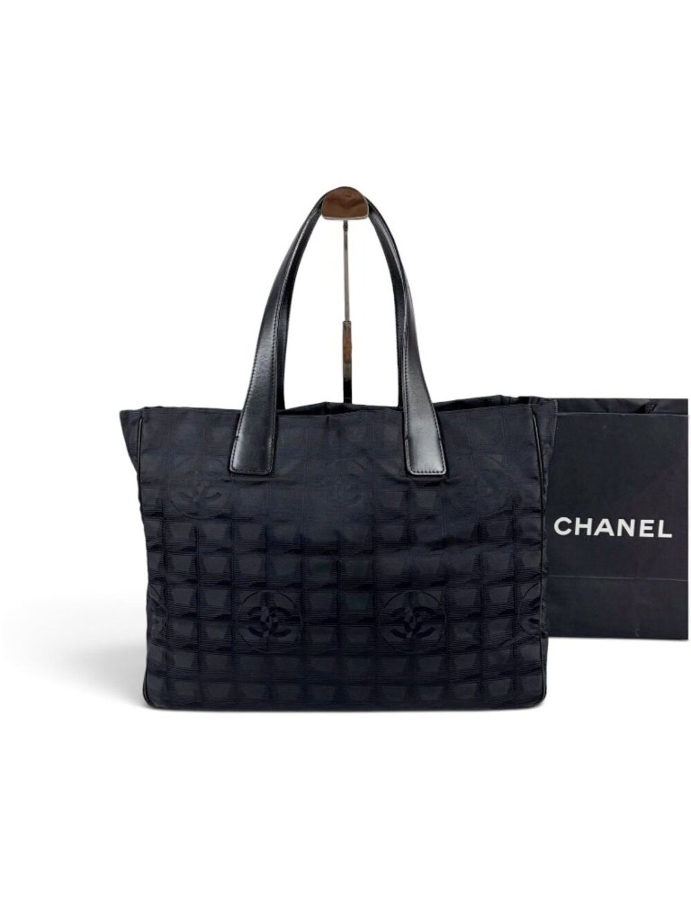 Chanel New Travel Line Tote Bag MM Shoulder Black Nylon Canvas